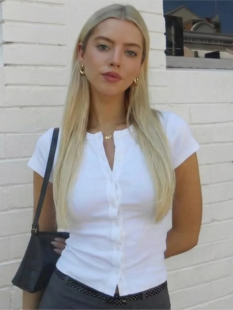 

Fashion New T-shirt Women's Casual Solid Color Slim Round Neck Cardigan T-Shirt 2026 Summer Office Women's Vacation Tops