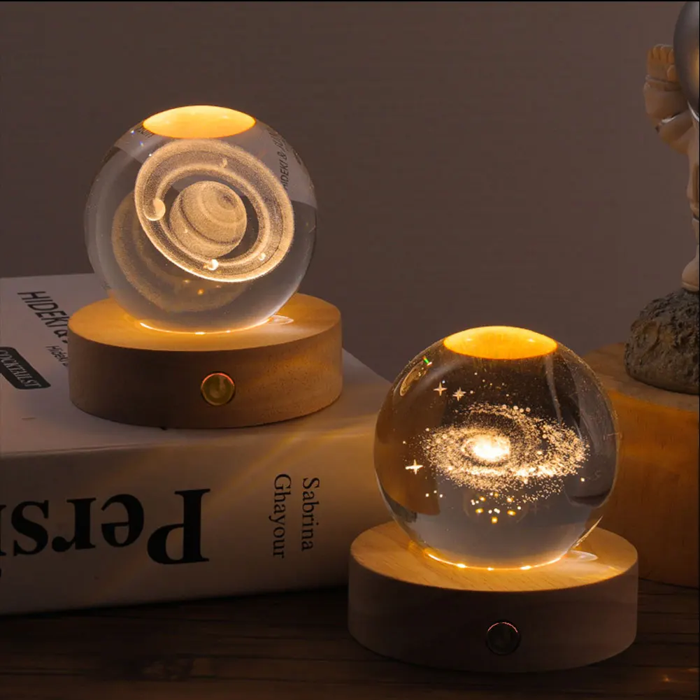 Night Light USB Power Warm Light Bedroom Light Christmas Kids Gifts Crystal Ball with Light Base 3D Laser Engraved Sphere Ball