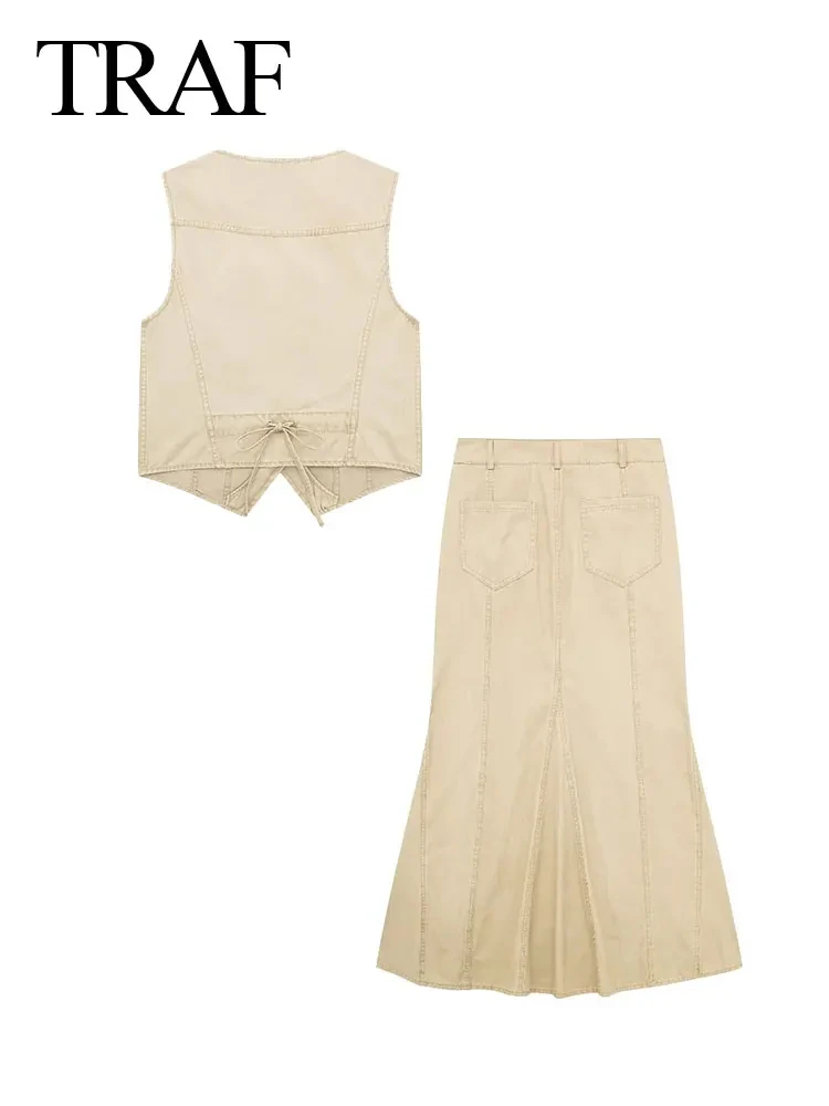 TRAF 2024 Spring Women\'s Fashion Vest Skirt Suit Solid Khaki Mid-Rise A-Line Pockets A-Line Elegant Female Causal Mermaid Skirts