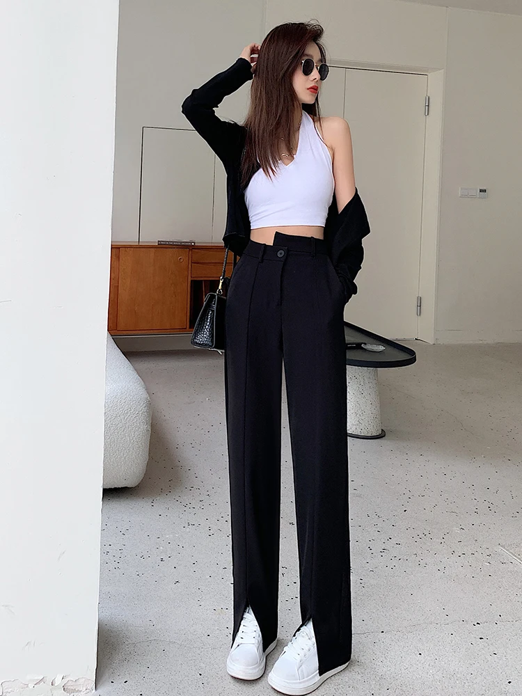 

High Waist Straight Leg Casual Pants for Women with Slit Design Long Trousers for Pear aped Body Bla Spring Summer