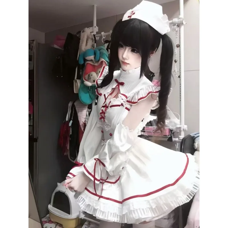Japanese Lolita Sweet 2 Piece Set Women Bow Puff Sleeve Ruffle Layered Design Nurse Kawaii Harajuku Cosplay Party Daily Outfits view 4