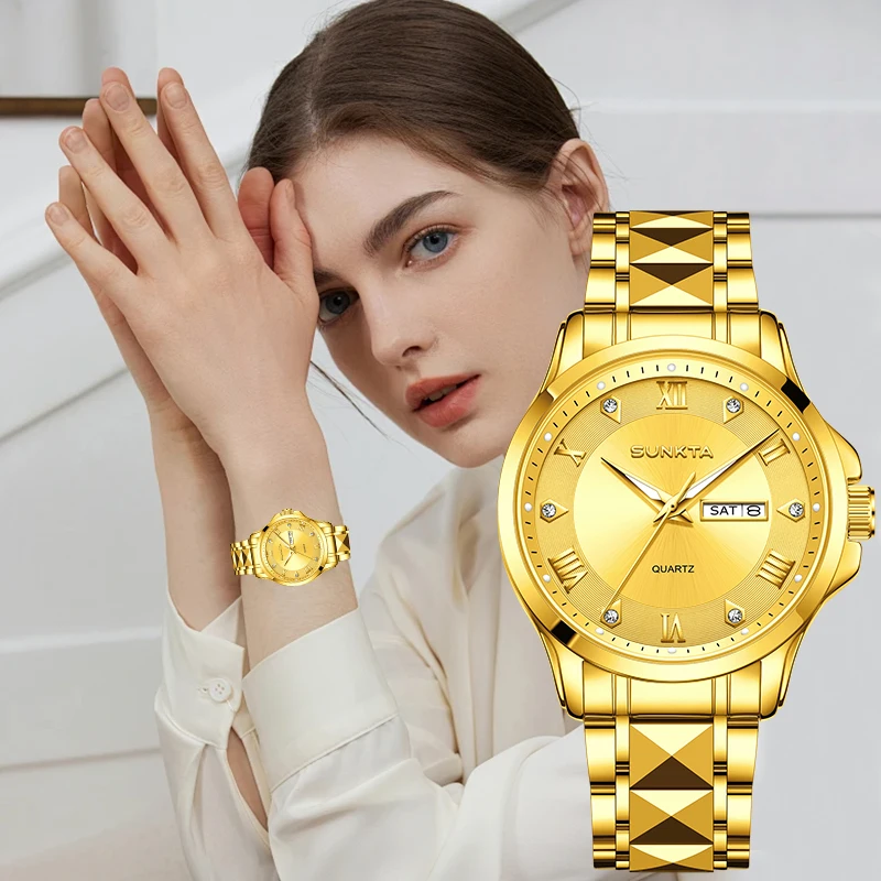 

Классические элегантные кварцевые женские часы Sunkta с бриллиантовым циферблатом, автоматической датой и отображением дня недели, модные, роскошные, водонепроницаемые, стальные, женские наручные часы