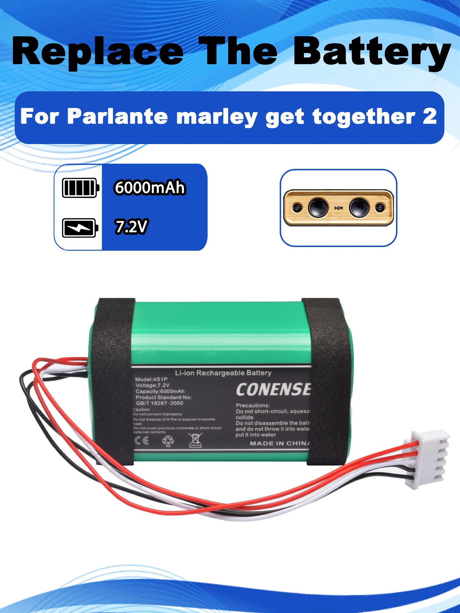 7.2V 6000mAh Replacement Speaker Battery For Parlante Marley Get Together 2 Bluetooth Wireless Speaker