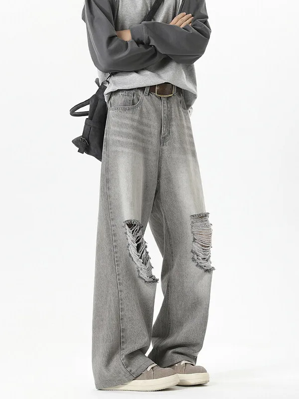 

ey Waed Vintage Men's Denim Jeans High Waist Wide Leg Cement Color Spring Autumn Wear Resistant Straight Cut Trousers