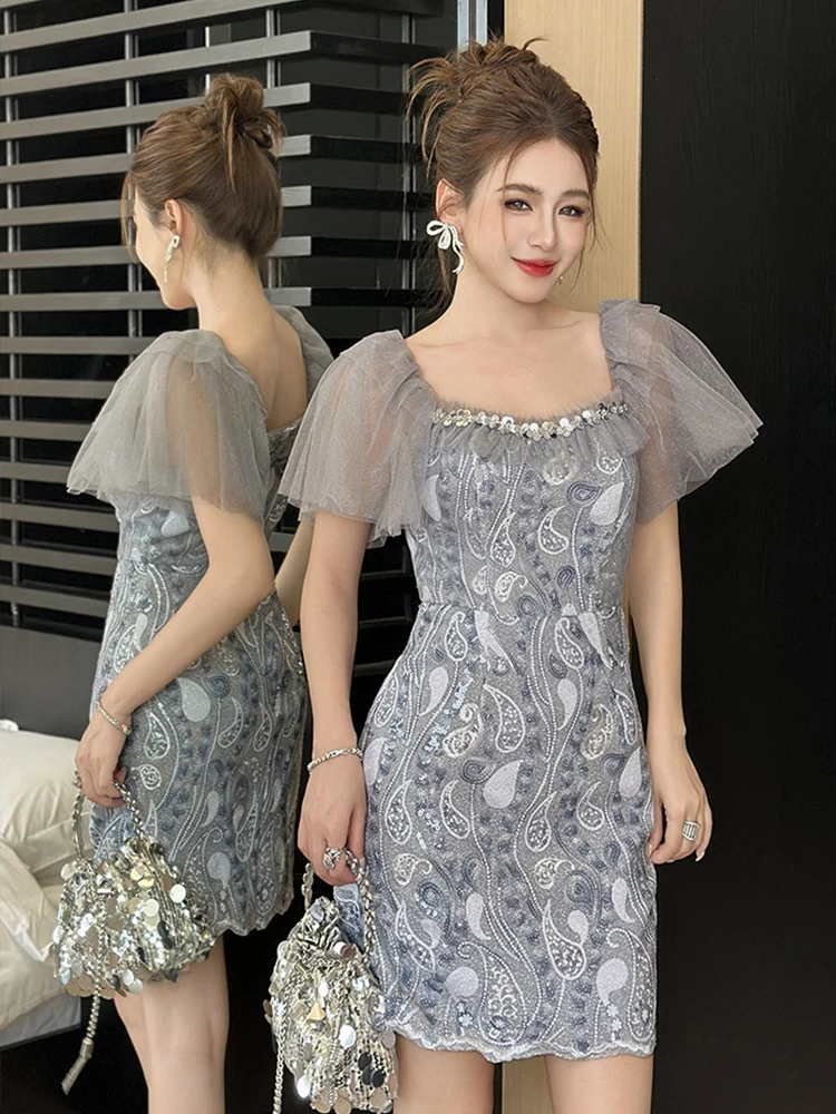 Glamorous Chic Party Mini Dress for Women Sexy Sheer Mesh Off-Shoulder Tulle Sparkling Neckline Short Gown Female Club Vestidos