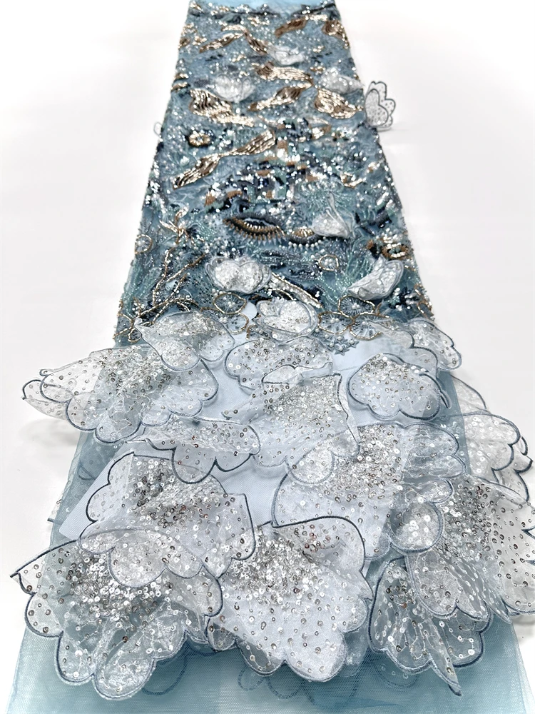 Neuester französischer Spitzenstoff mit 3D-Blumenmuster und Perlen, hochwertige Netz-Applikation, Netz-Spitzenstoffe, 5 Yards für Hochzeits- und Partykleider