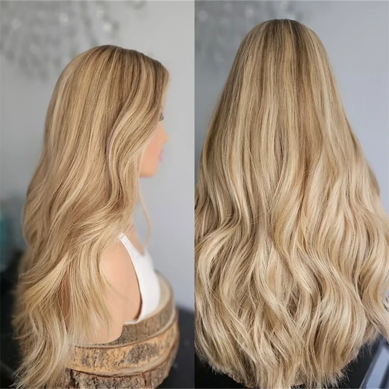 

Party Cosplay Daily Wigs Ombre Golden Blonde Wig with Roots 13x4 Middle Part High Quality Synthetic Wig Preplucked Hairline 26''