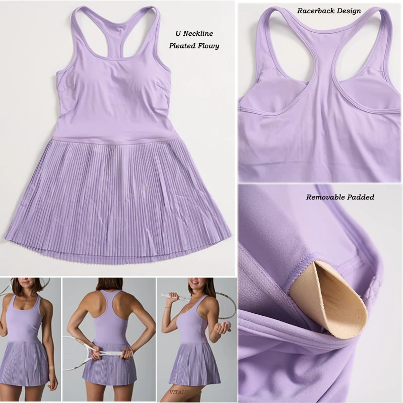 VITALINOVO Damen-Tenniskleid, U-Ausschnitt, integrierter BH, Golf-Sportkleid ohne Shorts, Racerback, Workout, Gym, plissierte Minikleider – Detail 5