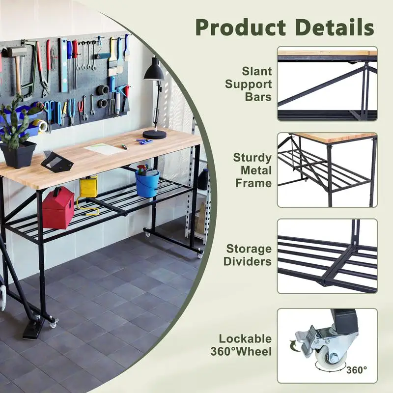 منضدة عمل قابلة للطي شديدة التحمل - طاولة أدوات محمولة من الخشب مع عجلات قفل وإطار فولاذي سريع الانهيار