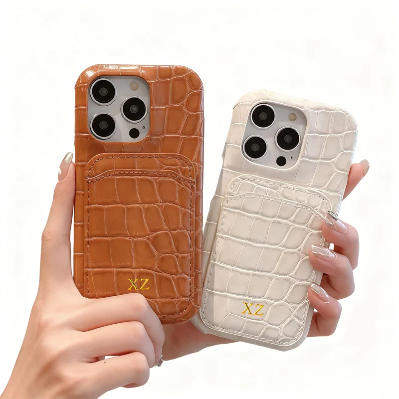Personalizowane etui na iPhone'a 14 13 12 15 16 17 Pro Max 15 Plus 17air z inicjałami ze złota, wykonane ze skóry krokodyla, z pokrowcem z PU. — zdjęcie produktu 4
