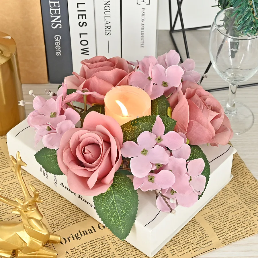 

27cm/10.63inch Small Candlestick Wreath Candle Ring Fake Rose Wedding Decoration Silk Artificial Garland for Candle Home Party