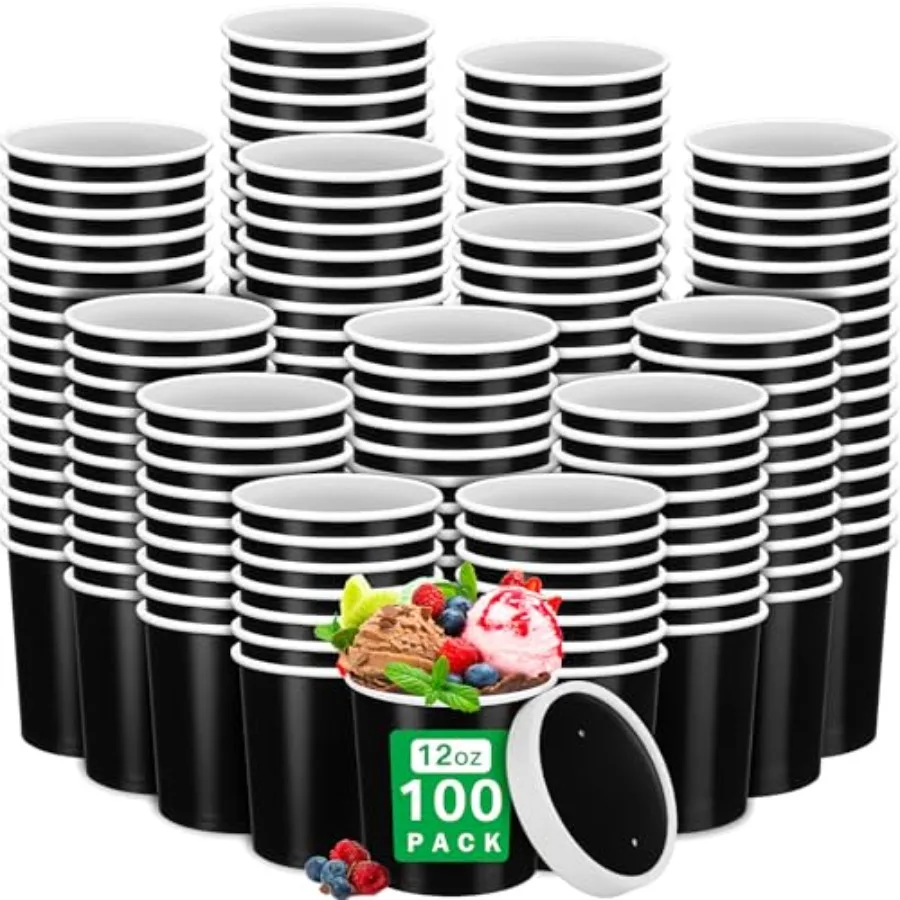 

100 Pcs 12 oz Ice Cream Paper Cups with Lids Disposable Dessert Bowls Hot Soup Containers Kraft Paper Food Containers for Easte