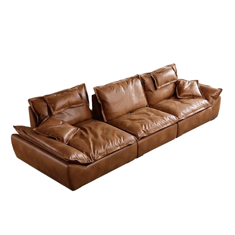 

Sailing sofa retro oil wax leather super wide sitting depth adjustable backrest antique living room straight row sofa