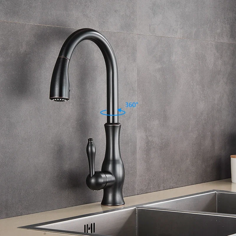 Black Kitchen Faucets Pull Out  Sink Mixer Tap Single Lever Water   Crane For  360 Rotation