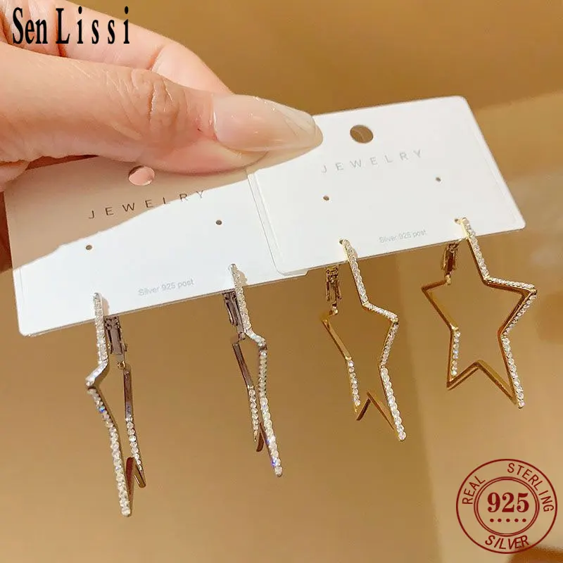 

Senlissi -Diamond pentagram hoop earrings, 925 silver earrings, original certified, fashion, 18K gold