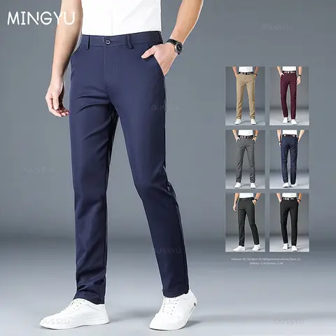 브랜드 의류 봄 여름 스트레이트 정장 바지 남성 비즈니스 패션 블랙 블루 솔리드 컬러 정장 바지 남성 대형 40