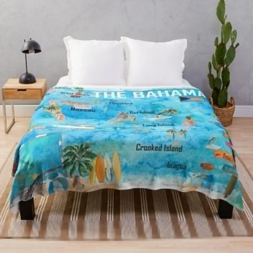 

The Bahamas Illustrated Map with Main Roads Landmarks and Highlights Throw Blanket Camping For Baby Decorative Beds Blankets