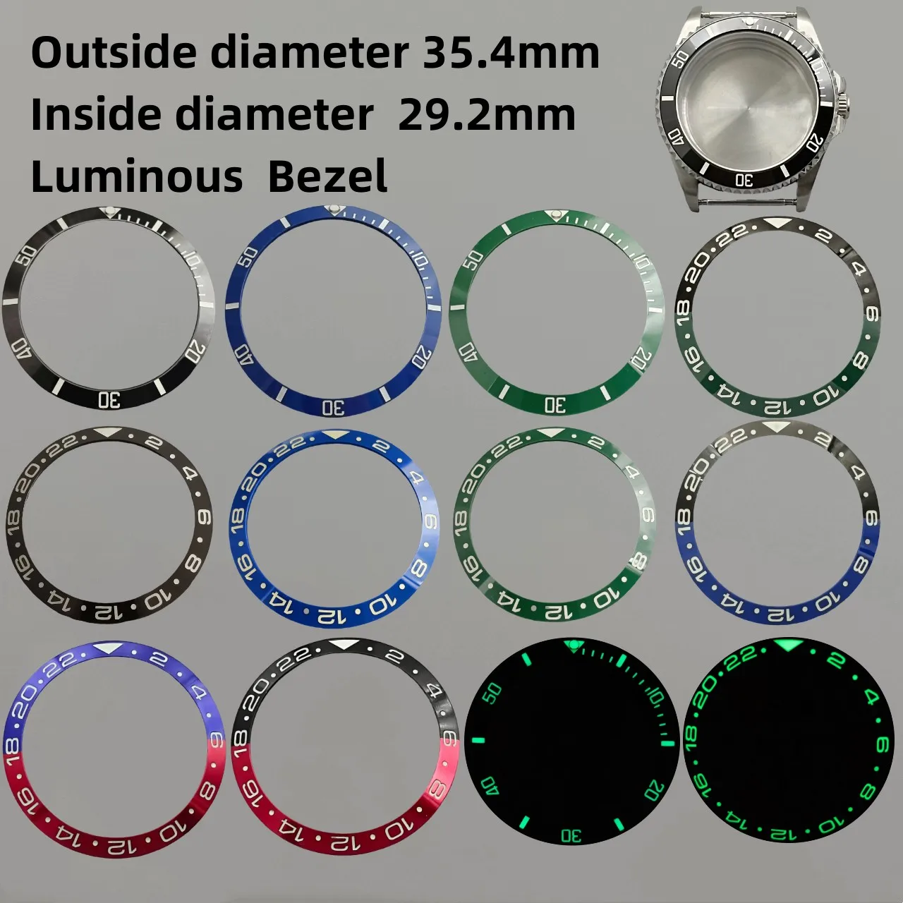 LARIMOKER 35.4mm  C3 green luminous ceramic bezel Insert fit 37.9mm/38mm Case bezel insert 35.4mm*29.2mm replacement watch parts