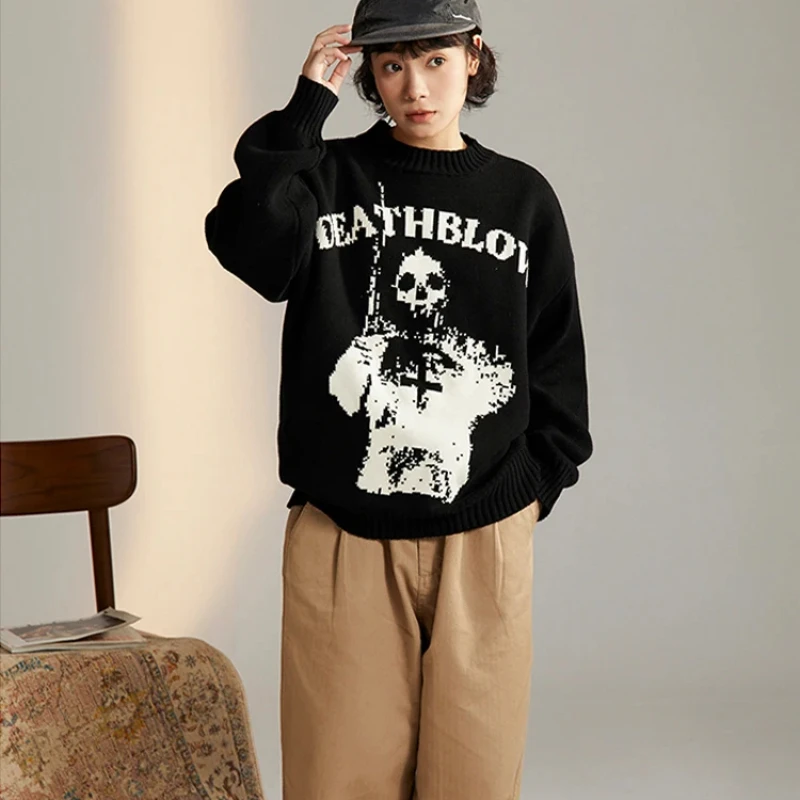 Y2k zimowy ciepły Halloween sweter oversize damski top z długim rękawem sweter z dzianiny płaszcz z czaszką jesień koreański gotycki kaptur w stylu Harajuku