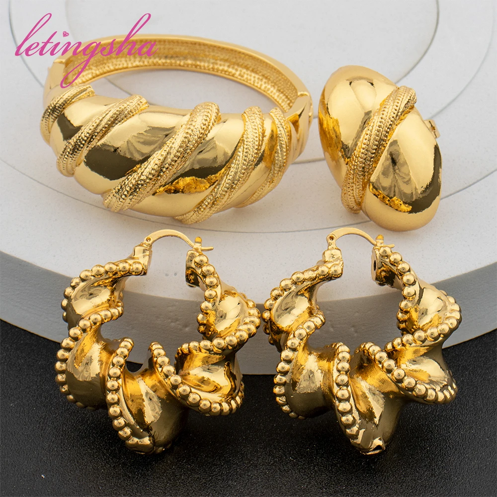 Fashion Round Bangle with Ring Dubai Hoop Earrings for Women African Gold Color Jewelry  Set Wedding Party Gift Accessories