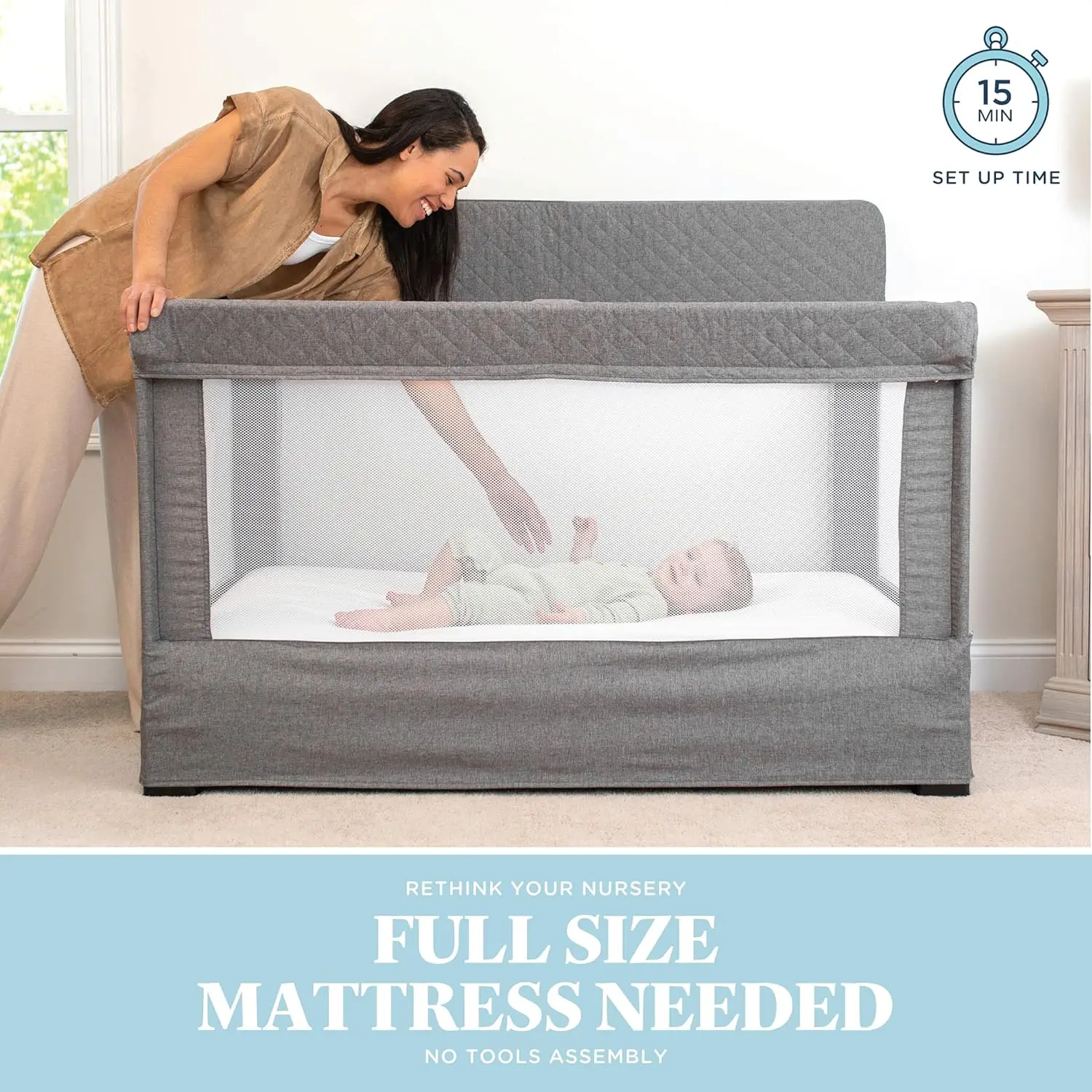 Full Size Breathable Mesh Baby Crib with Tool-Free Assembly, Charcoal Tweed Design for Nursery