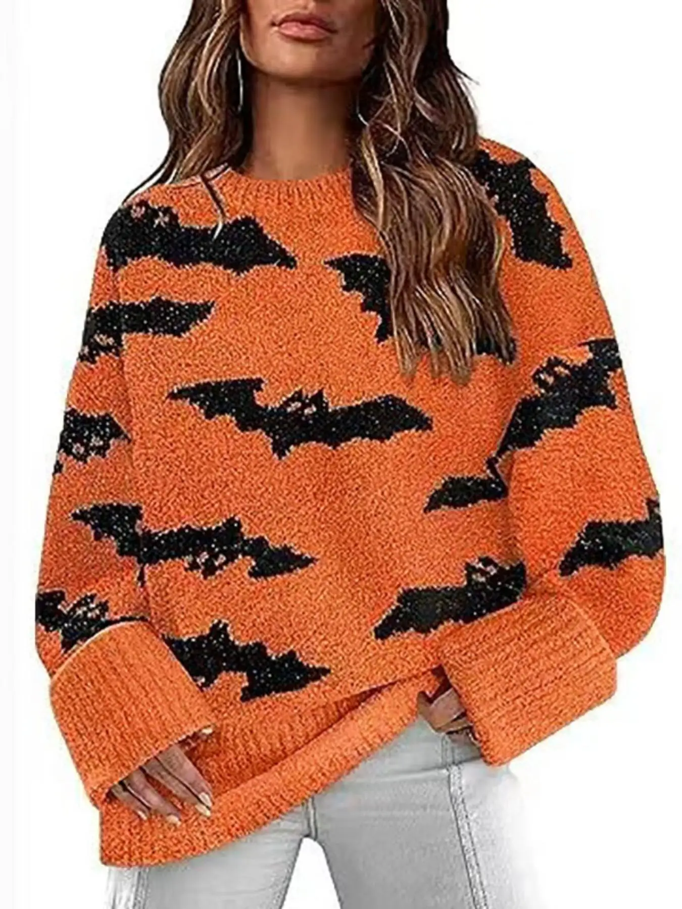 

Autumn and winter women's Halloween loose round neck bat jacquard woolen pullover top