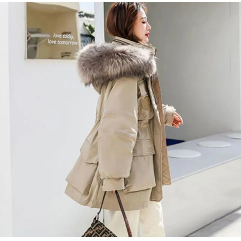 2023 New Women Down Jacket Winter Coat Female Mid-length Thicken Parkas Frock Loose Fur Collor Outwear Hooded Trend Overcoat