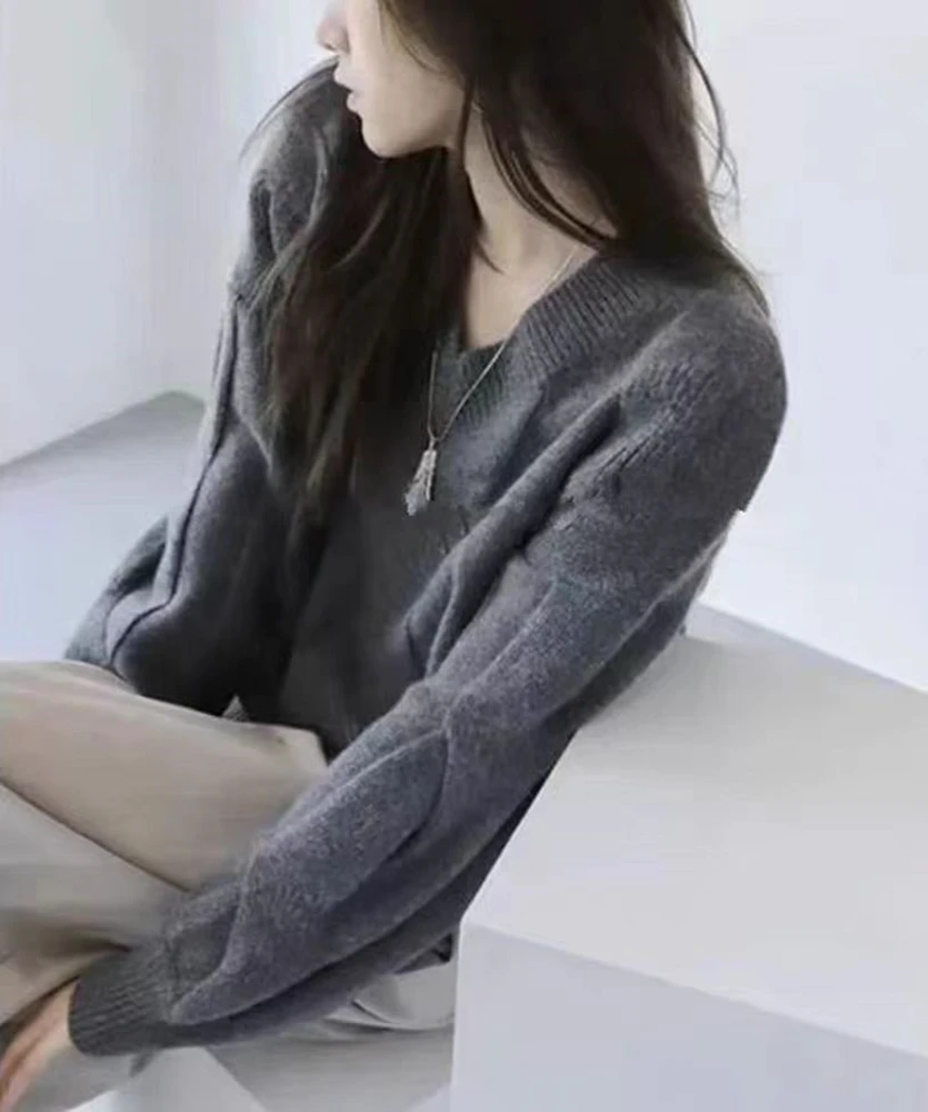 

Женский пуловер из 100% шерсти Merino с v-образным вырезом, утолщенный осенне-зимний свободный повседневный модный вязаный кашемировый свитер