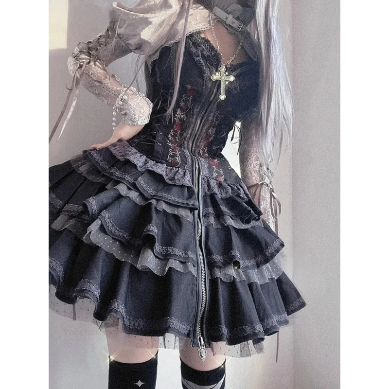 

Gothic Lolita Y2k Dress Women Vintage Victorian Harajuku Lace Bandage Rose Embroidery Party Dresses Girls Sleeveless Vestidos