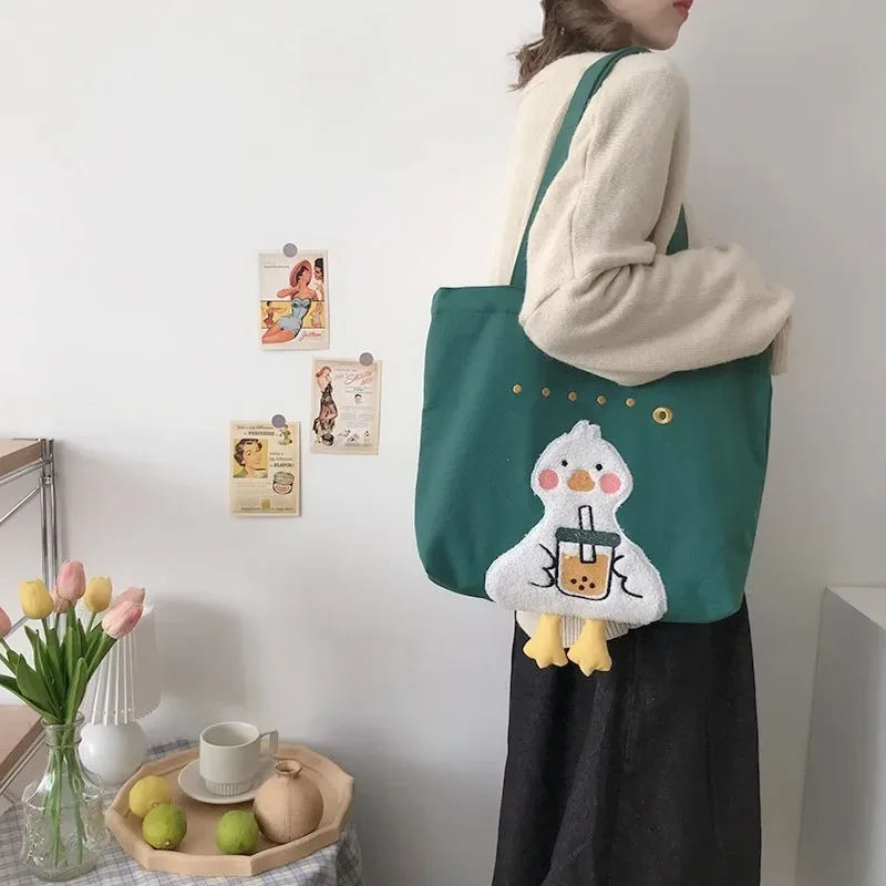 Women Tote Canvas New Fashion Large Capacity Cartoon Cute Duck Embroidery Student Shoulder Bag