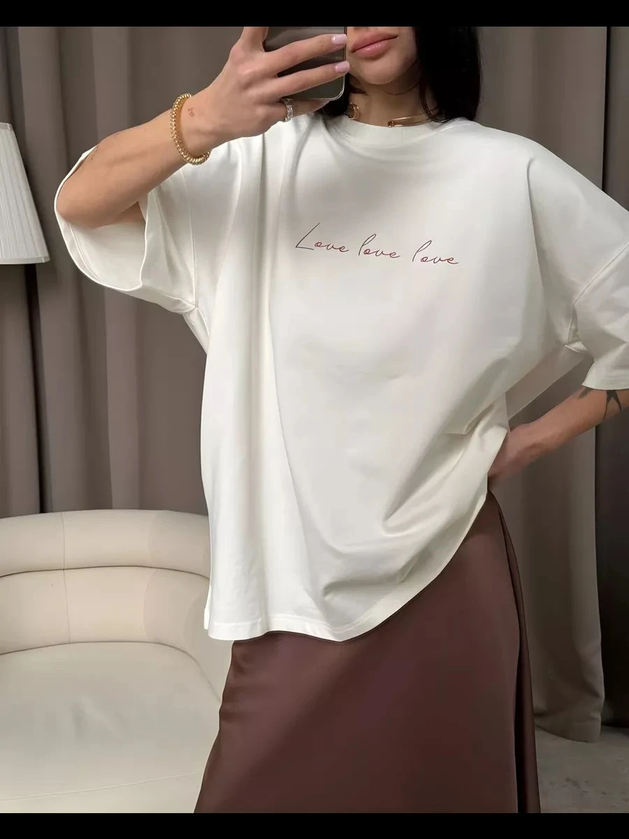 Atasan Wanita Kasual Nyaman Bahan Katun dengan Cetakan Huruf, Model Longgar, Cocok untuk Musim Panas, Gaya Santai untuk Kerja