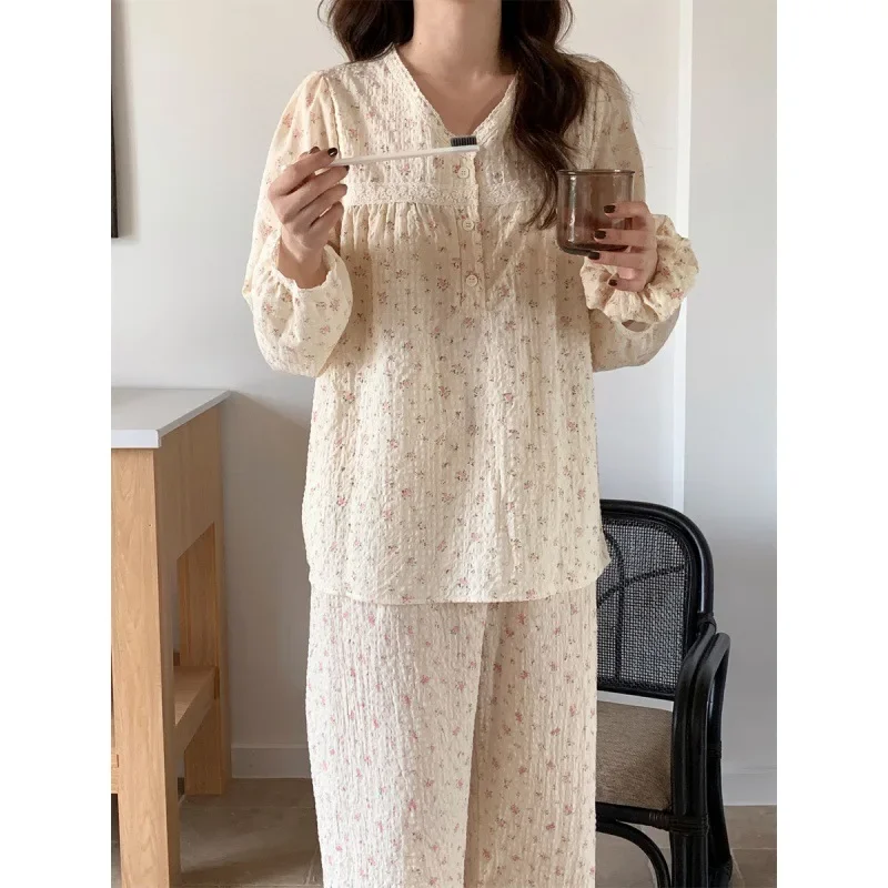 Women Summer Pajamas Set Female Sweet Long Sleeve Top Pants Countryside Style Floral Nightdress Home and Outdoor Sleepwear Set