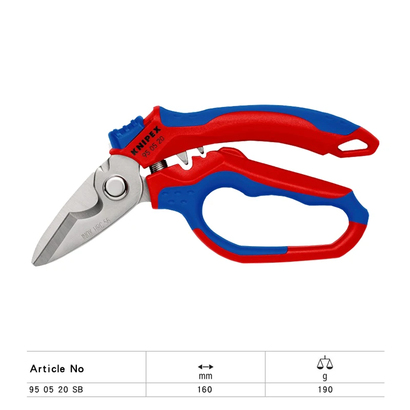 KNIPEX Angled Electrician Scissors with Two Crimping Areas for Non-Slip Cut Duty Bent Trimmer Wire Rope Shears 95 05 20 SB