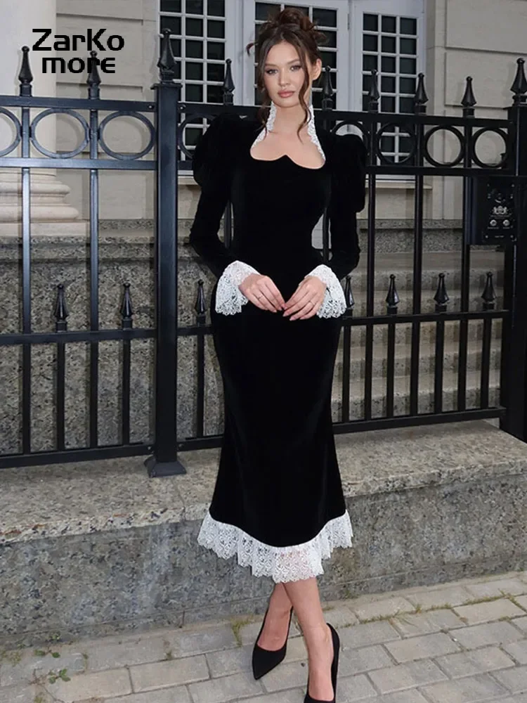 Elegant Patchwork Velvet Midi Dress Black Lace Long Puff Sleeve Slim High Waist Dresses 2025 Spring Summer Lady Party Robes New