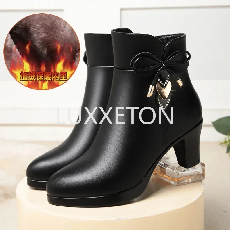 Mid-tube Boots Women\'s Winter Ankle Boots Female Students Thick-heeled New Mother Boots Round Toe Woman\'s Shoes Cotton Boots