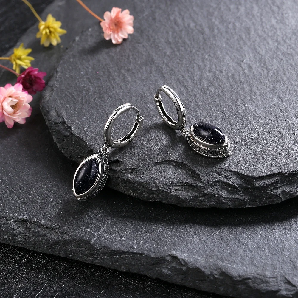 925 Sterling Silver Natural Moonstone Hoop Earrings for Women Simple Bluesand Pendant Jewelry Party Wedding Accessories Gift