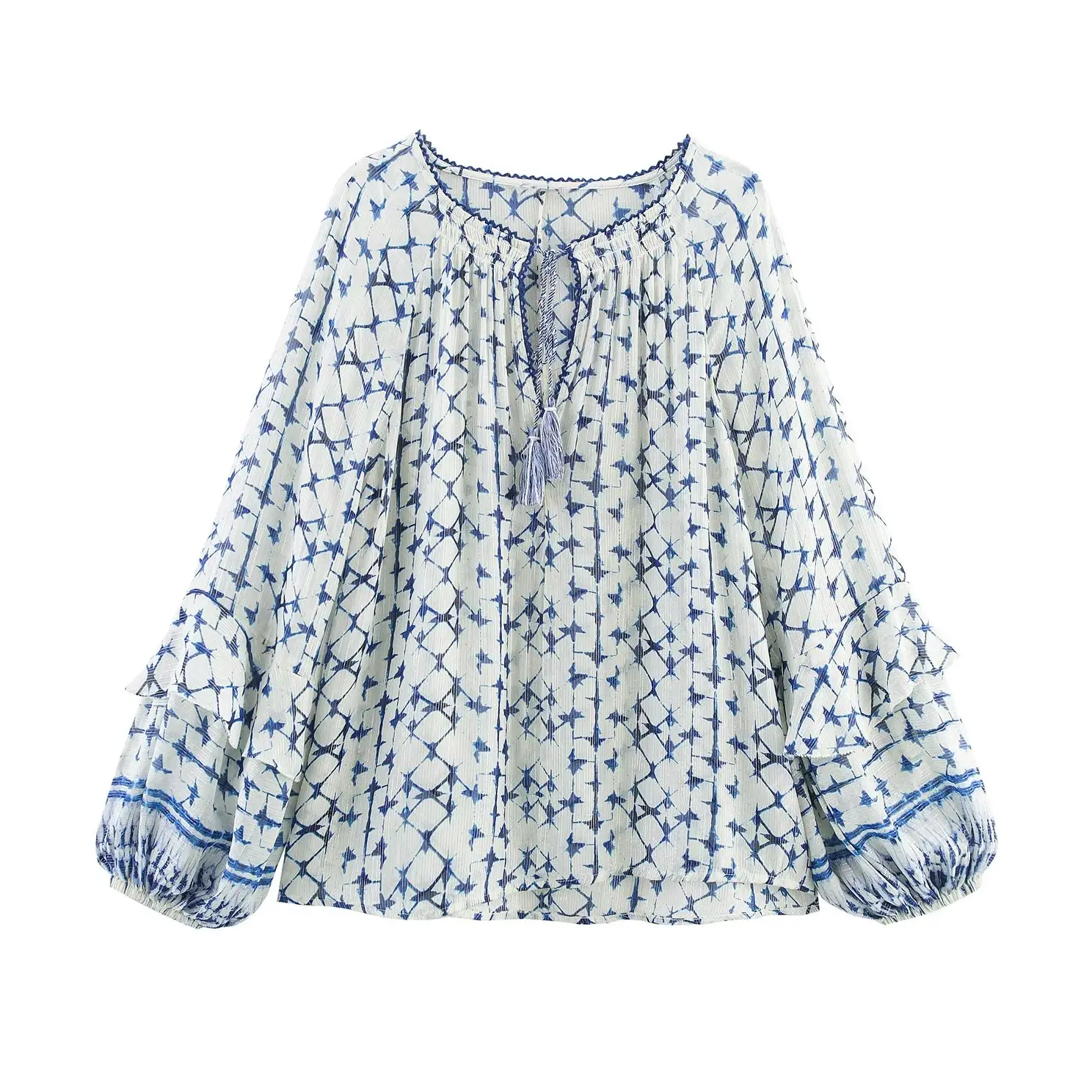 

KONDALA Chic Print Blue Holiday Vintage Loose Woman Blouse V-Neck Fashion 2025 Bohe Elegant Long Sleeve Sexy Casual Mujer Shirts