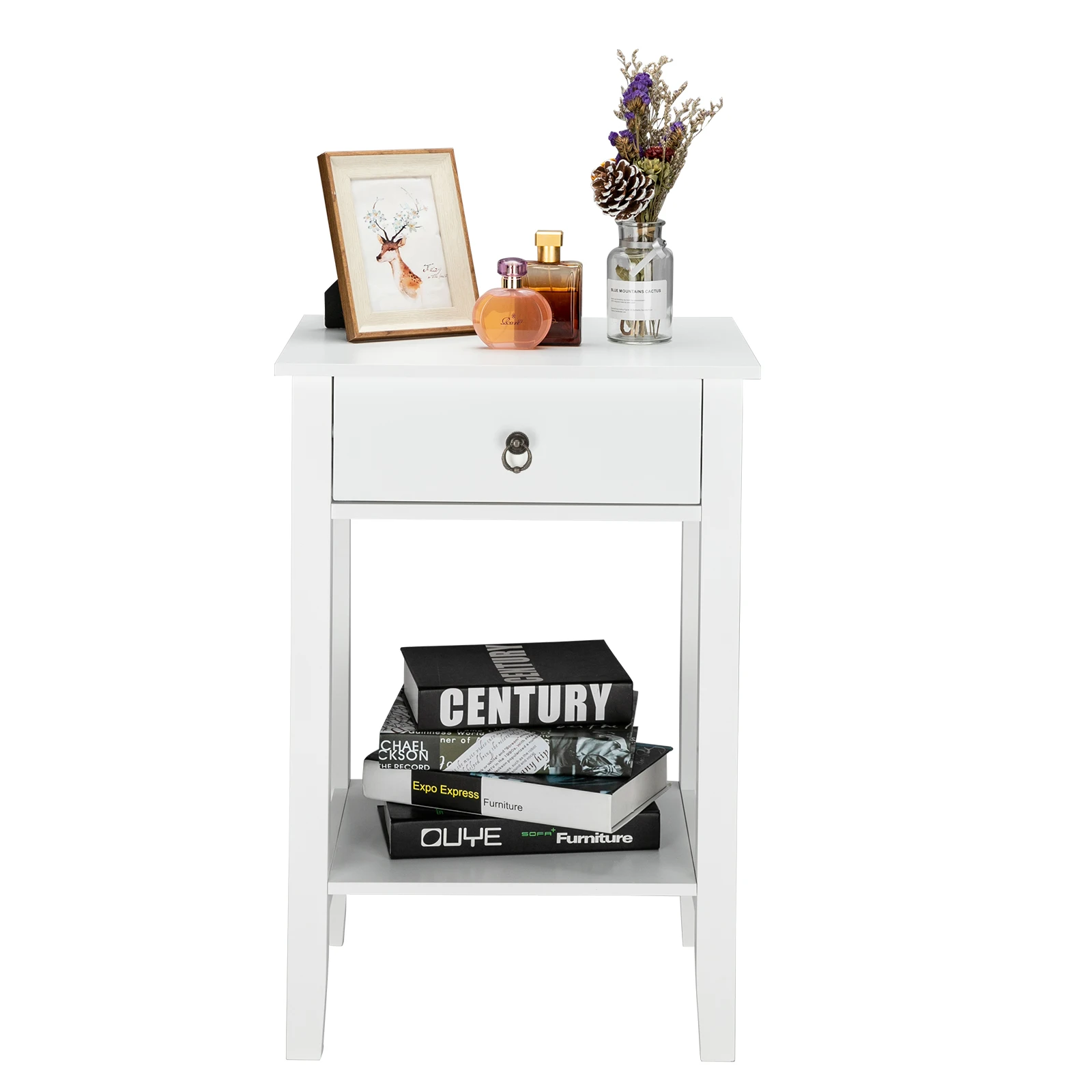 FCH Two-layer Nightstand  Bedside Cupboard Bedside Cabinet Coffee Table with Drawer White Bedroom Furniture