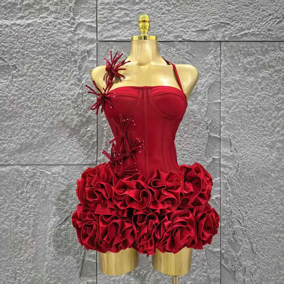 Vestido rojo de mujer sexy con halter, estampado floral, 2 piezas, bodycon mini, para fiesta nocturna, club y cumpleaños