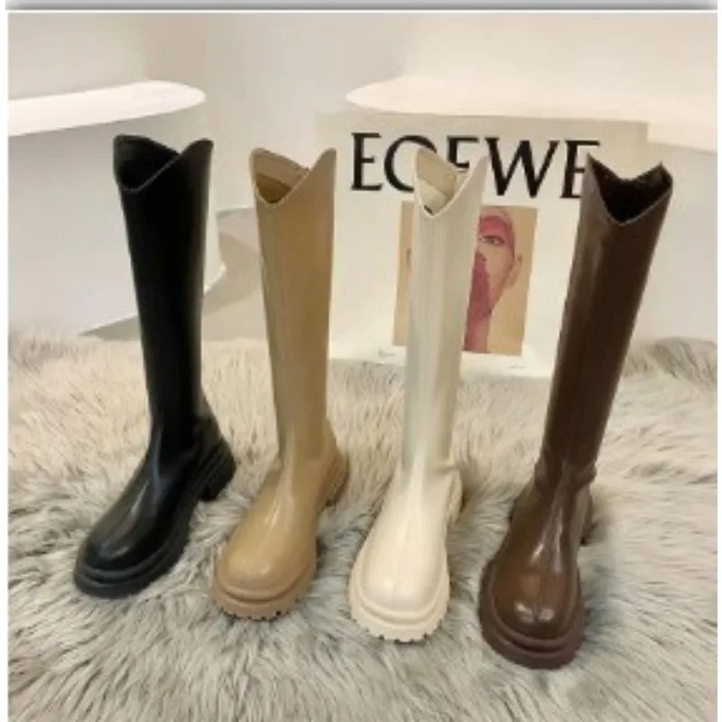 Retro Bare Colored Boots Women Knee High Boots Fashion Back Zippers Knight Long Boots Square Heels Autumn Winter Ladies Shoes