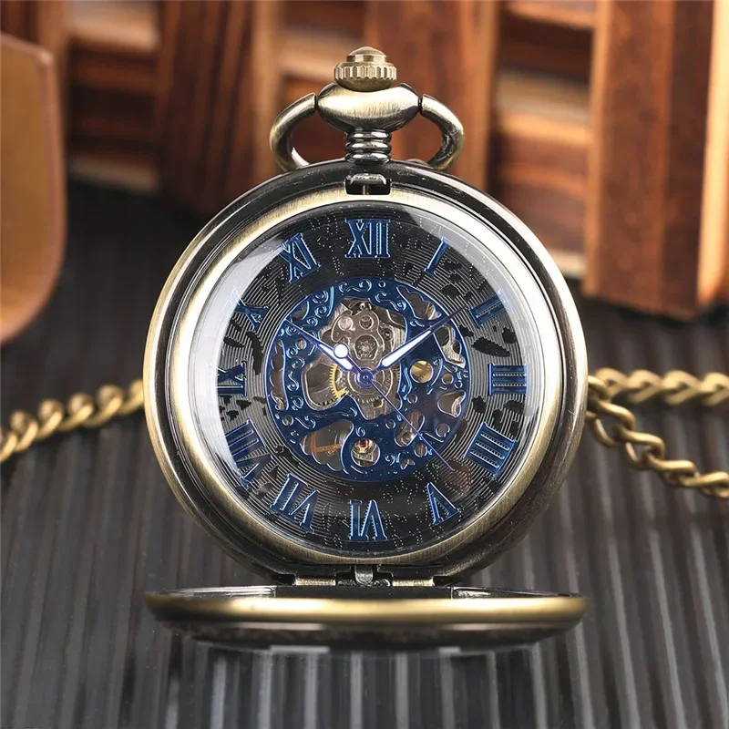 Vintage Hand Winding Mechanical Pocket Watch Transparent Half Hunter Case Roman Number Display Watches for Men Women with Chain