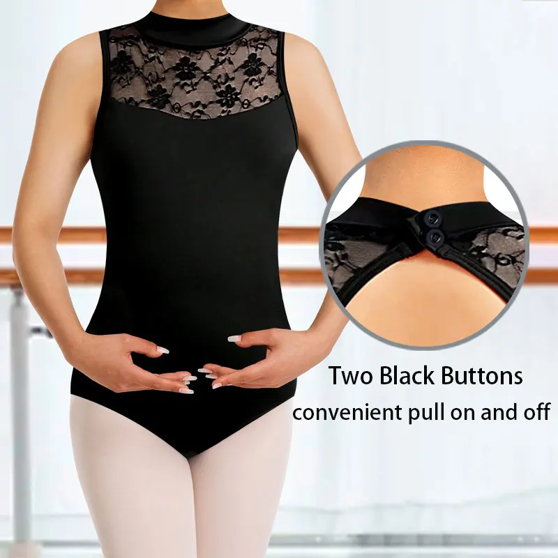 Women's Turtleneck Vest Bodysuit Ballet Dance Leotard With Durable Lace Splicing,Large Oval-Shaped Back Ballet Clothes