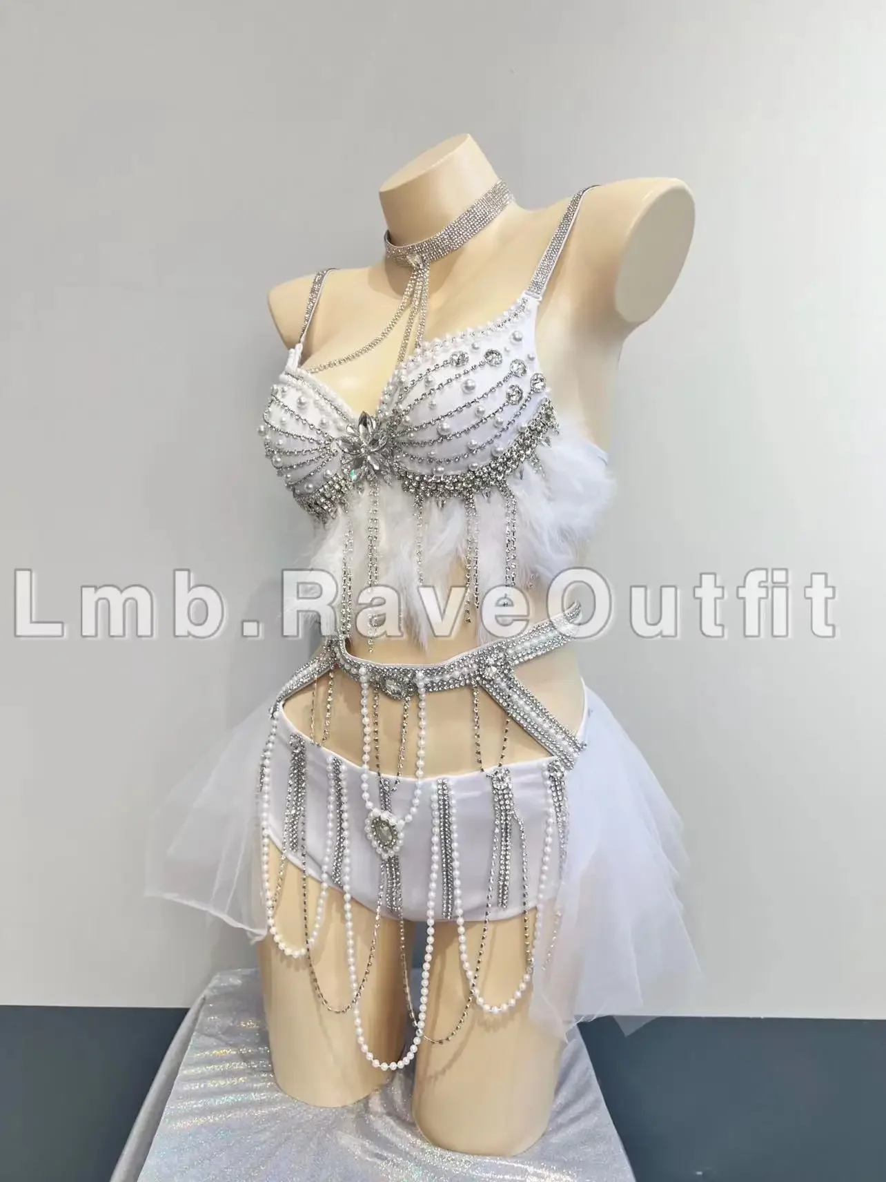 Nightclub Bar Female Singer Stage Dance Festival Outfit Shiny Pearl Tassel Chain Bikini Set Bra+Mesh Dress Shorts Sexy Suit