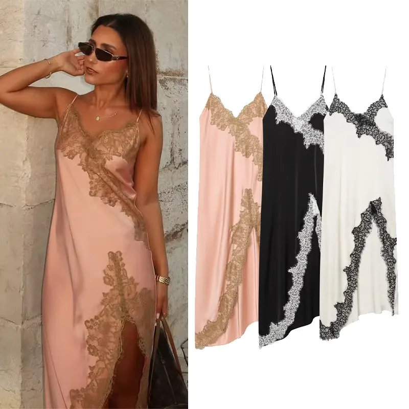 Women's Satin Lace Dress New 2026 Spring Summer Fashion Backless Thin Straps V-Neck Lady Long Dress Elegant Female Midi Dresses