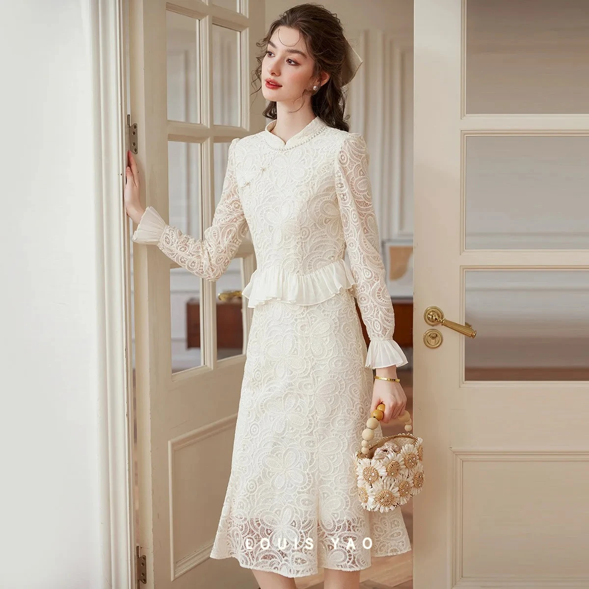 

LOUIS YAO Women’ s Dress 2026 Spring Elegant Apricot Colored Stand Collar Ruffle Lace Party Wedding Formal Gown Long Dress