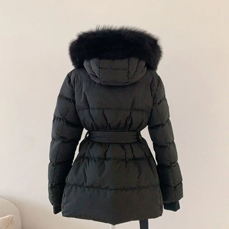 2023 New Women Winter Slim Fur Collar Hooded Down Coats Female Solid Color Warm Outerwear Ladies White Duck Down Jackets