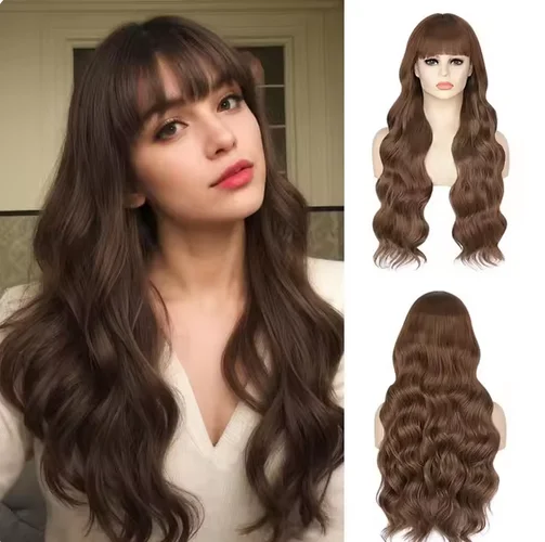 Wig oranye panjang keriting untuk wanita rambut palsu sintetis pinggiran halus alami gelombang tubuh untuk perlengkapan kepala Cosplay tahan panas harian