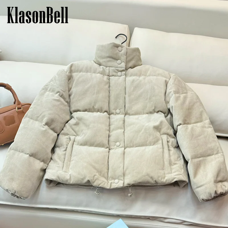 8.31 KlasonBell Women Corduroy Letter Embroidery Goose Down Jacket Keep Warm Stand Collar Zipper Loose Outerwear