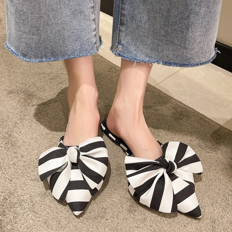 Oversize Bowtie Mule Shoes Women Fashion Pointed Toe Stripe Wave Slip-on Sandals Ladies Luxury Satin Silk Outdoor Flat Slippers