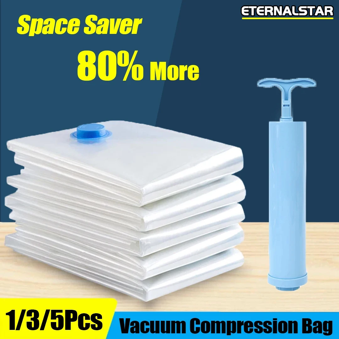 1/3/5Pcs Vacuum Storage Bags with Hand Pump for Comforters Clothes Pillow Bedding Blanket Storage Saver 80% More Compression